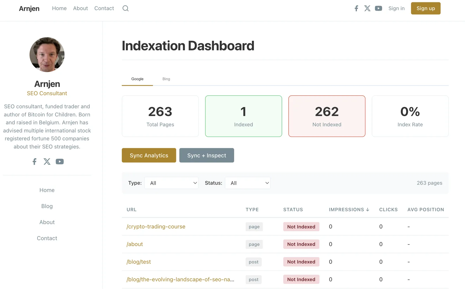 indexation dashboard screenshot
